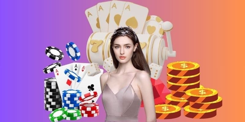 Slot machine, playing cards and casino chips on a purple and orange background