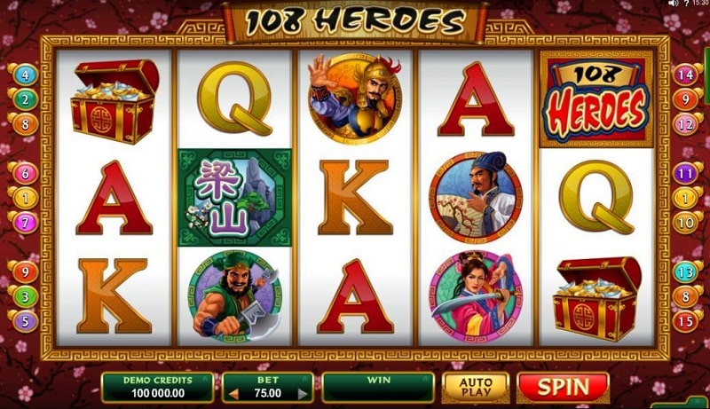 Chinese warrior themed slot reels with a spin button