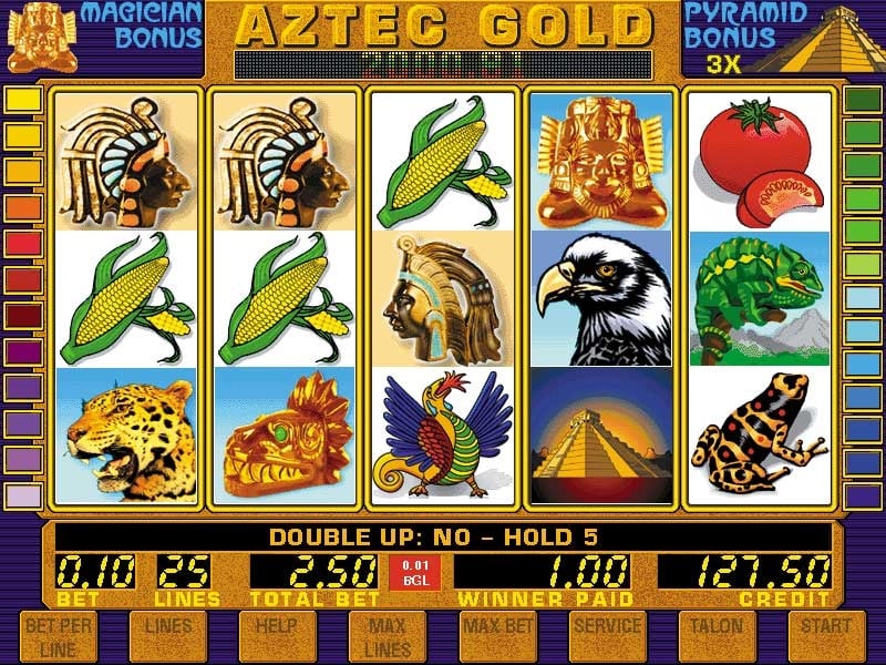 Aztec themed slot reels with corn and pyramid symbols