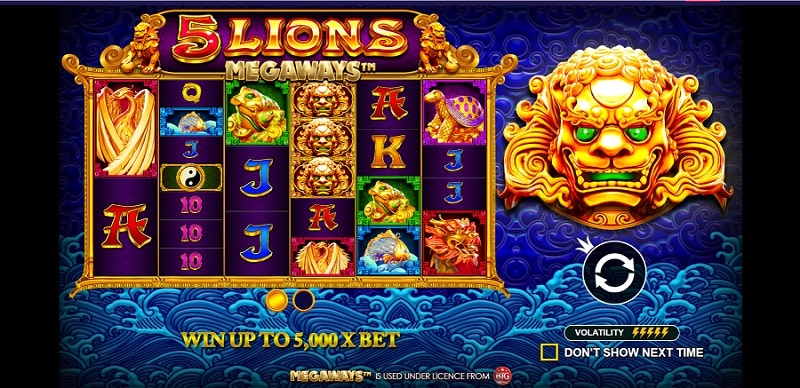 Slot reels with a golden lion statue and Chinese symbols
