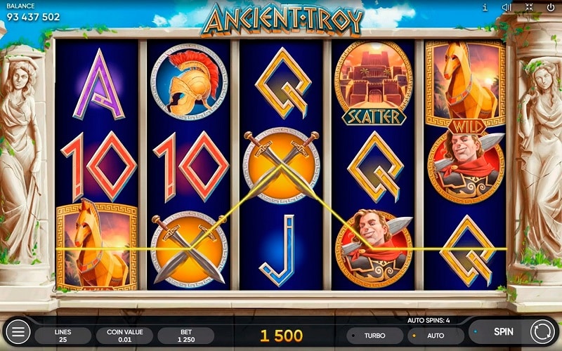 Ancient Greek themed slot reels with warrior and horse symbols