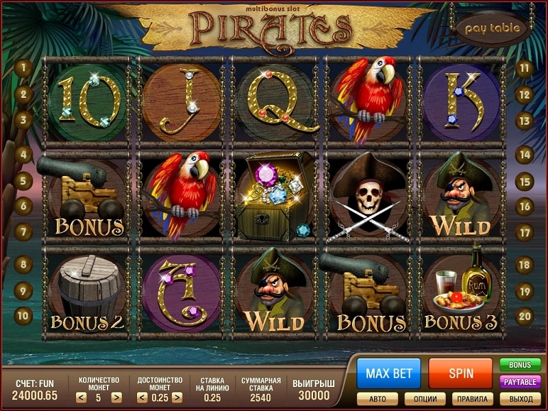 Pirate themed slot reels with parrot and cannon symbols