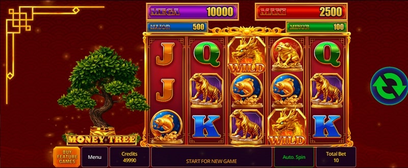 Slot reels with a bonsai tree and golden tiger symbols