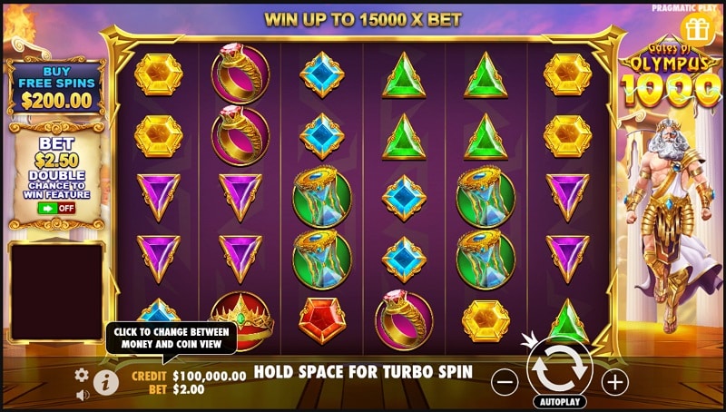Gates of Olympus slot reels with buy free spins panel