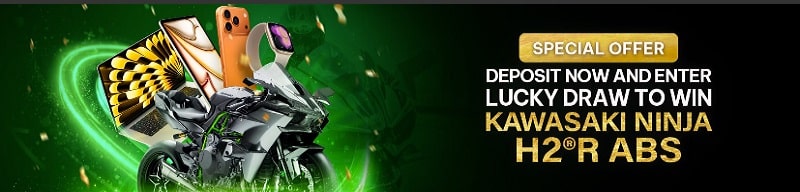 Lucky draw banner with a Kawasaki Ninja motorbike prize