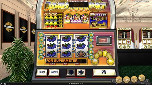 Classic three-reel fruit slot machine with a jackpot sign
