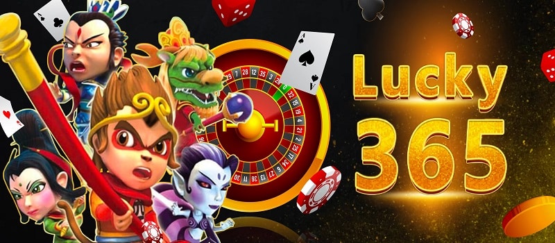 Lucky365 logo banner with cartoon characters and a roulette wheel