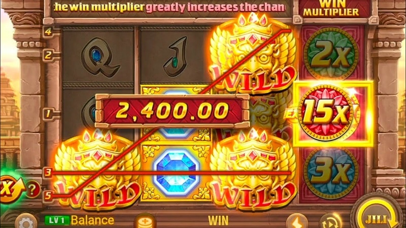Slot win screen with wild symbols and win multipliers