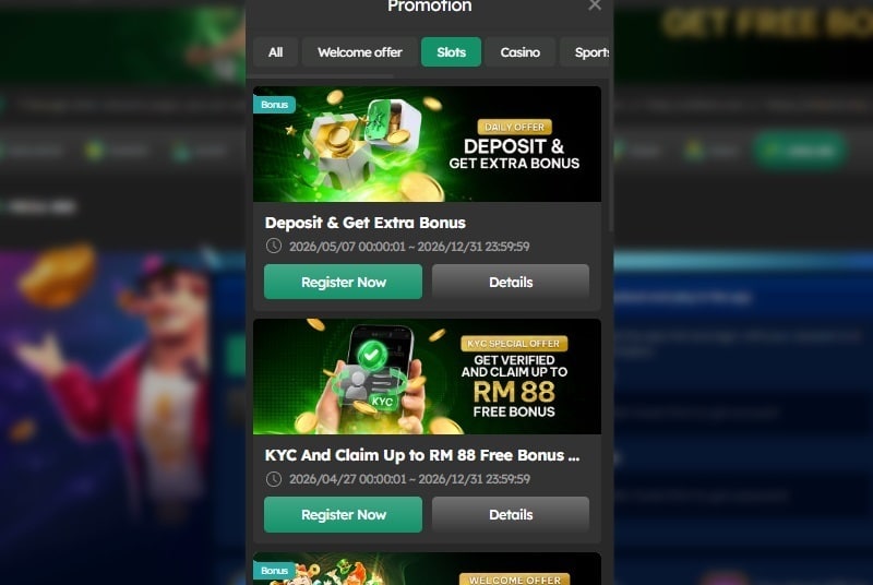 Promotion window listing a deposit bonus and a KYC offer