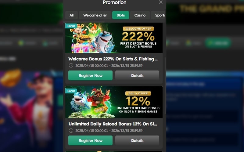 Promotion panel with welcome bonus and unlimited reload offers