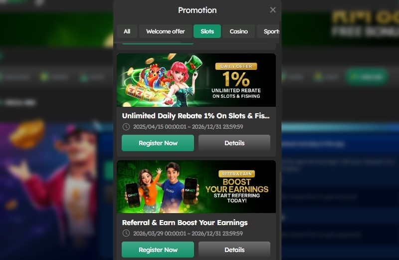 Slots promotions panel with daily rebate and referral offers