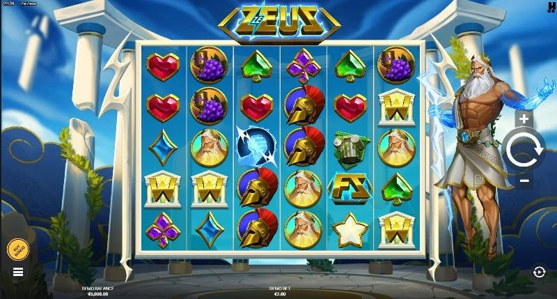 Greek god themed slot reels with gem and helmet symbols