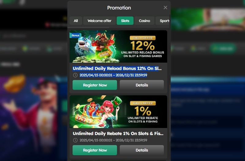 Slots promotion cards with reload bonus and daily rebate