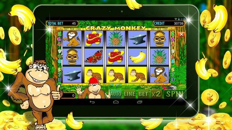 Cartoon monkey slot on a tablet with banana backdrop
