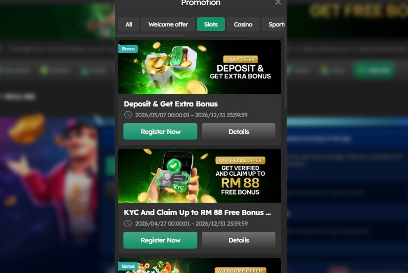 Promotion window with deposit bonus and KYC verification offers